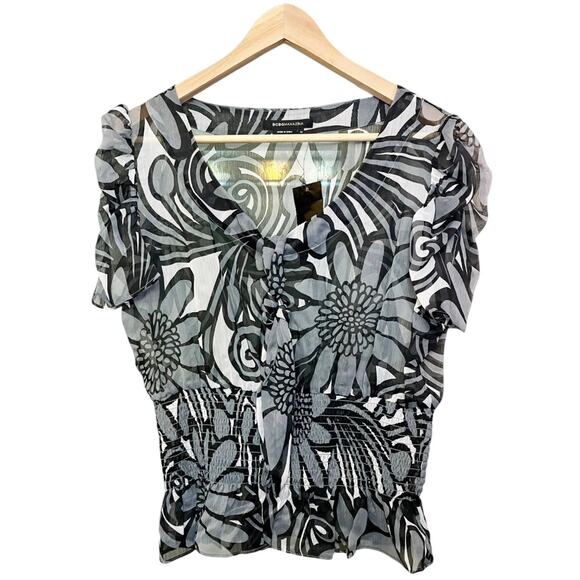BCBGMAXAZRIA Chiffon Top V-Neck Abstract Black Gray Short Sleeves Neck Tie NWT - Picture 1 of 8